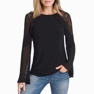 WHBM Flare sleeve lace top black ruffle bell boho